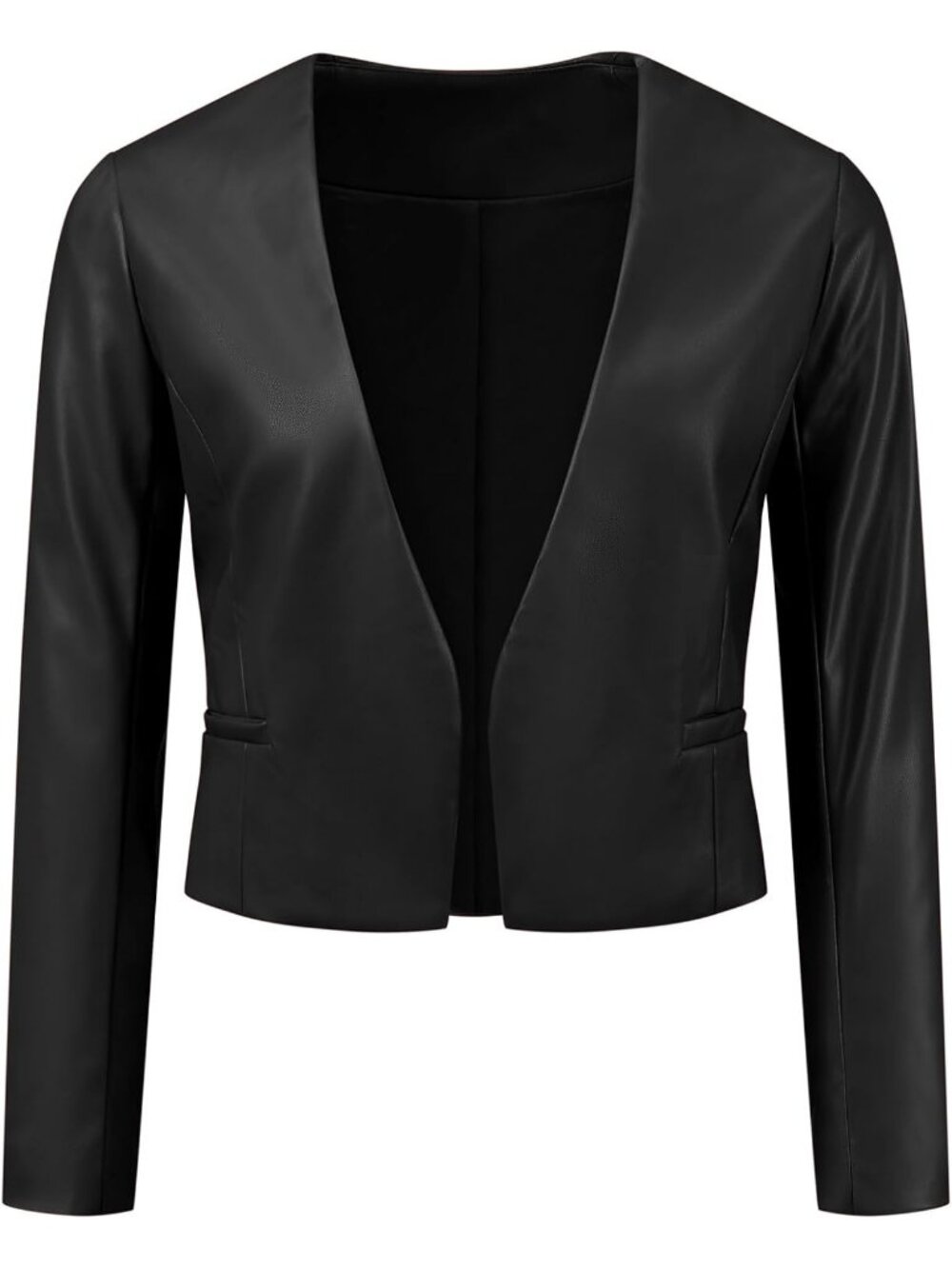 Women Black Leather Cropped Collarless Open Front Short Moto Biker Bomber Jacket